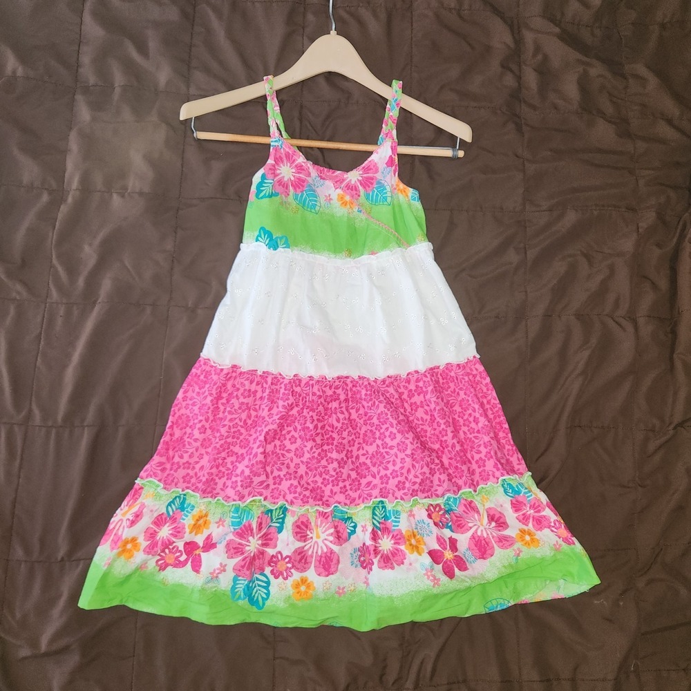 Girls Colorful Tiered Sun Dress & tropical style. Size 10. Spagetti Straps
